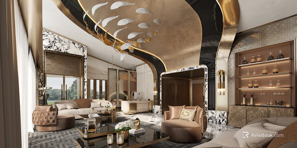 Luxurious Hotel Public Lounge Area With Gold Accents Marble Decor Artistic Chandeliers And Comfortable Seating 3d model 