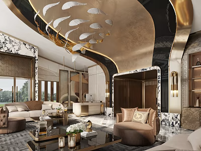Luxurious Hotel Public Lounge Area With Gold Accents Marble Decor Artistic Chandeliers And Comfortable Seating 3d model