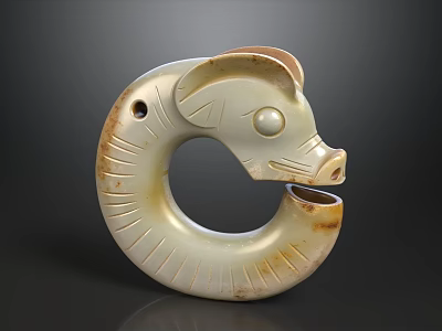 Ancient Jade Circular Animal Head Sculpture With Carved Patterns And Smooth Surface 3d model