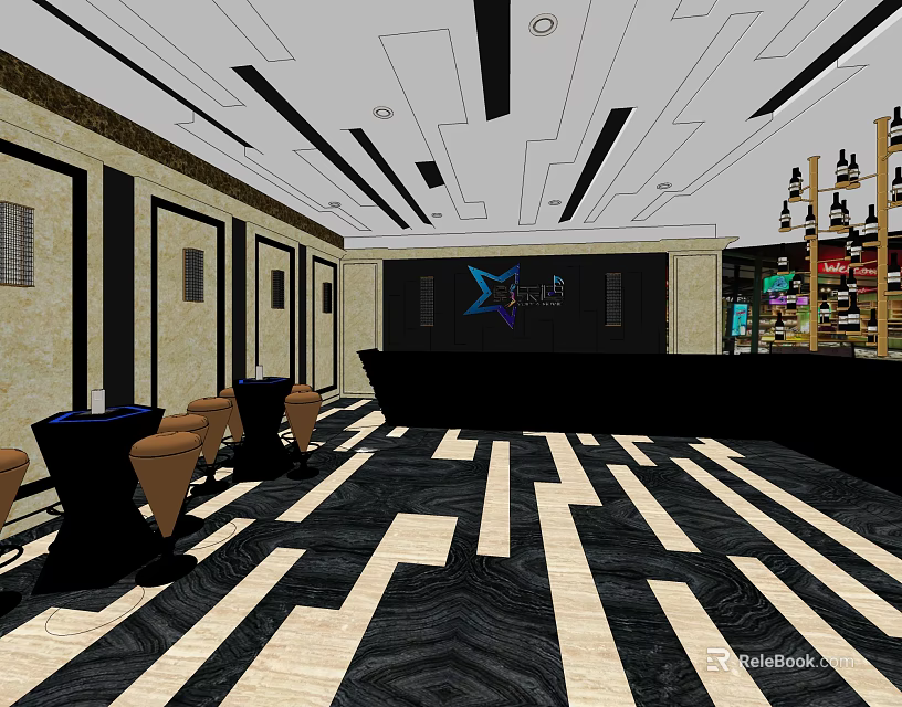 Modern Shop Front Desk With Black Background Logo Geometric Floor Pattern And Ceiling Lines 3d model 