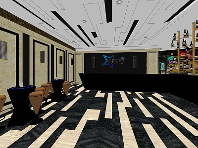 Modern Shop Front Desk With Black Background Logo Geometric Floor Pattern And Ceiling Lines 3d model