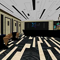 Modern Shop Front Desk With Black Background Logo Geometric Floor Pattern And Ceiling Lines