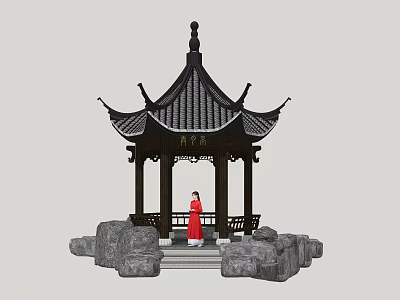 Traditional Chinese Pavilion With Black Roof And Person In Red Clothing Near Stone Steps 3d model