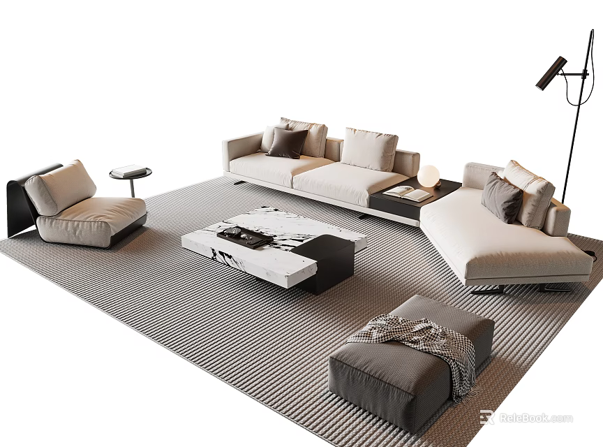 Modern Sofa Coffee Table Combination With Striped Rug Ottoman And Floor Lamp 3d model 