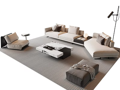 Modern Sofa Coffee Table Combination With Striped Rug Ottoman And Floor Lamp 3d model