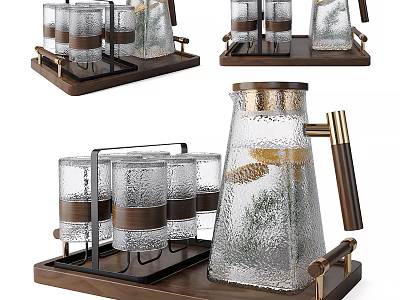 Elegant Glass Tea Set With Kettle Cups Wooden Tray And Metal Accents 3d model