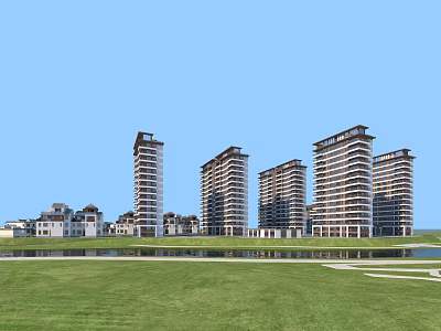 Modern Residential Buildings with Green Lawn Waterfront View and Low Rise Structures 3d model