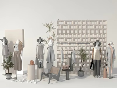Chic Fashion Display Setup With Mannequins Apparel Plants And Decorative Grid Wall 3d model