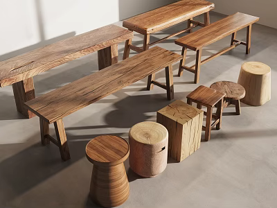 Natural Wooden Stools and Benches with Modern Design in Bright Interior 3d model