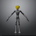 Robot Character 3D Model With Yellow Head Gray White Body And Extended Arms