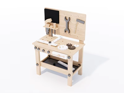 Wooden Kids Functional Workbench with Tools Blackboard Gears and Storage Shelf 3d model