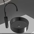 Gray Round Vessel Sink With Black Faucet On White Countertop And Gray Tiled Wall