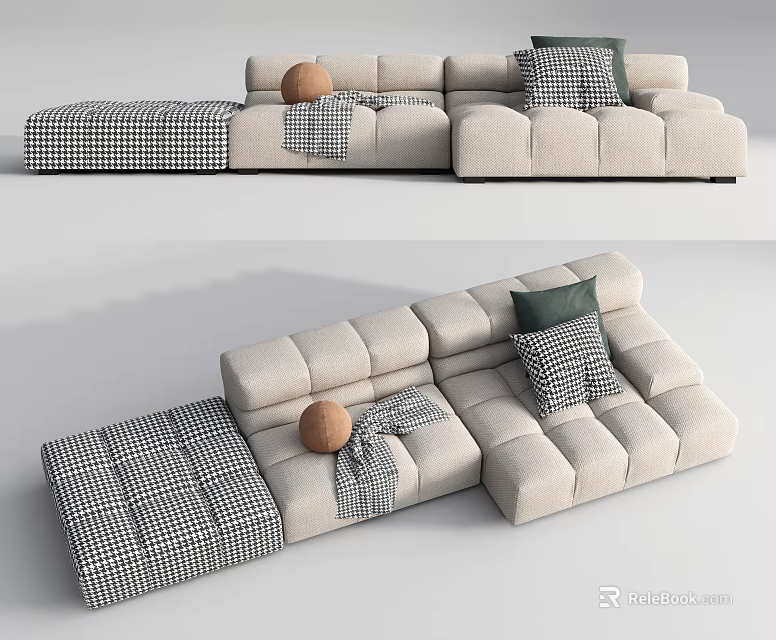 Modern Beige Sectional Sofa With Checkered Pillows Decorative Ball And Blanket 3d model