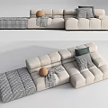 Modern Beige Sectional Sofa With Checkered Pillows Decorative Ball And Blanket 3d model