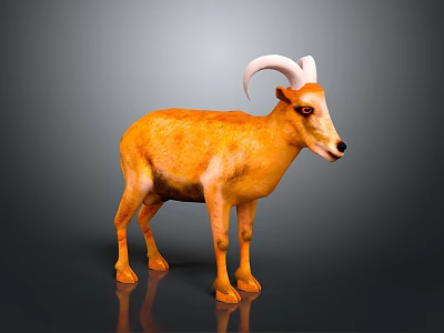 3D Model of Orange Animal With White Curved Horns Standing on Gray Background 3d model