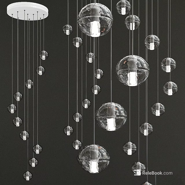 Transparent Spherical Chandeliers Hanging In Various Sizes With Bulbs On Black Background 3d model 