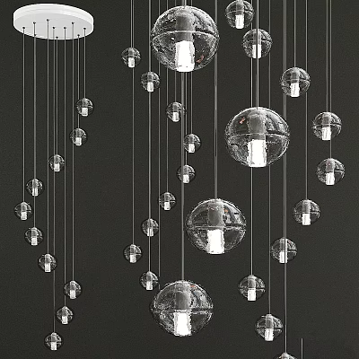 Transparent Spherical Chandeliers Hanging In Various Sizes With Bulbs On Black Background 3d model