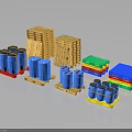 Storage Items Display With Wooden Pallets Blue Drums And Colorful Stacks