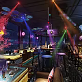 Contemporary Bar Interior Design With Colorful Lighting High Stools Bar Counter And Geometric Ceiling