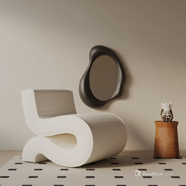 White Leisure Chair With Black Mirror And Wooden Stool In Modern Interior 3d model 