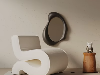 White Leisure Chair With Black Mirror And Wooden Stool In Modern Interior 3d model