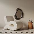 White Leisure Chair With Black Mirror And Wooden Stool In Modern Interior