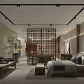 Chinese Style Living Room Interior With Sofa Tea Table Lattice Screen And Pendant Chandelier