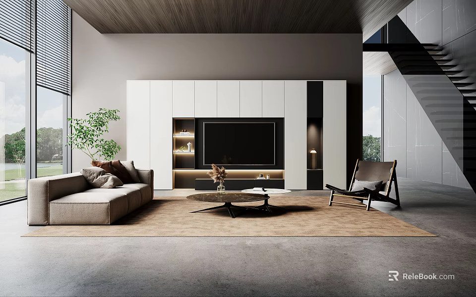Modern Minimalist Living Room Interior With Built In TV Wall And Comfortable Lounge Furniture 3d model 