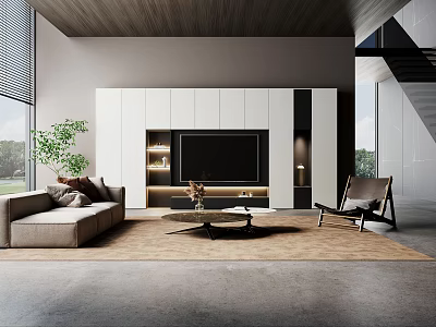Modern Minimalist Living Room Interior With Built In TV Wall And Comfortable Lounge Furniture 3d model