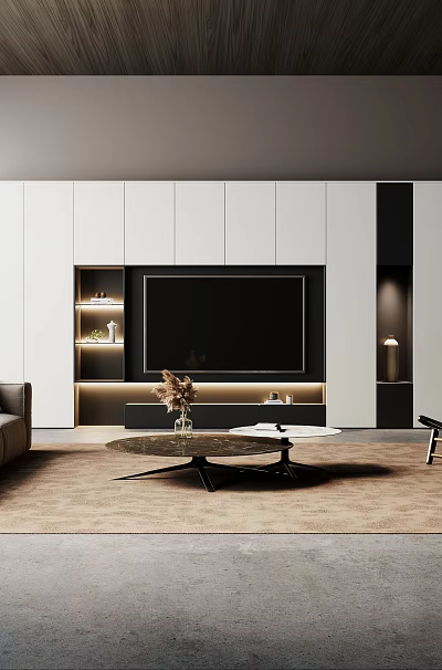 Modern Minimalist Living Room Interior With Built In TV Wall And Comfortable Lounge Furniture 3d model