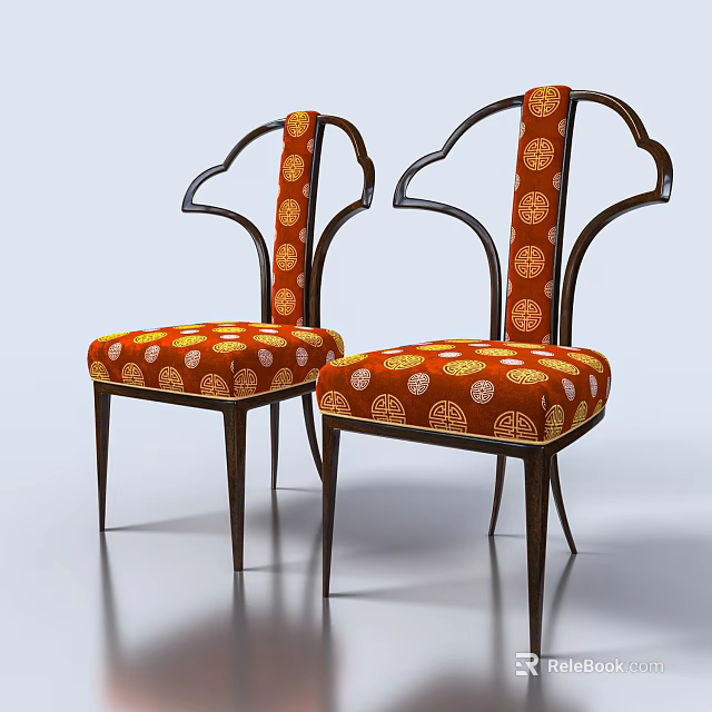 Stylish Leisure Chairs With Orange Upholstery White Circular Patterns And Dark Wooden Frame 3d model 
