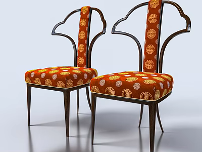 Stylish Leisure Chairs With Orange Upholstery White Circular Patterns And Dark Wooden Frame 3d model