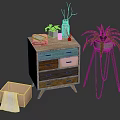 Wooden Dresser with Colorful Drawers Plant Stand Green Plant Vase Book and Wooden Box Towel