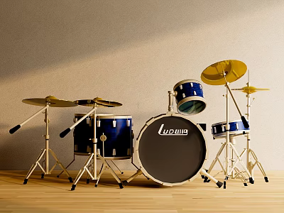 Luoqi Blue Drum Set With Cymbals On Wooden Floor Indoor Musical Instrument 3d model