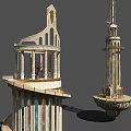 European Architecture Featuring Spiral Structure Tall Tower On Circular Platform With Small Trees 3d model