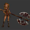 3D Female Warrior Character With Large Battle Axe And Leather Outfit