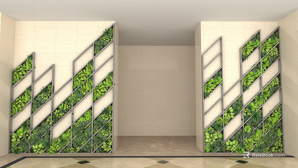 Floral Installation With Geometric Green Plant Patterns On Light Tile Walls And Central Doorway 3d model 