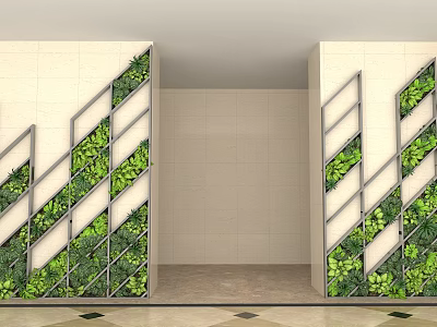 Floral Installation With Geometric Green Plant Patterns On Light Tile Walls And Central Doorway 3d model