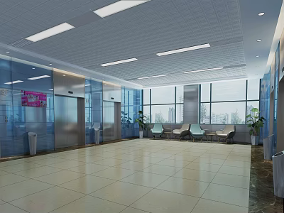 Spacious Modern Elevator Lobby With Bright Ceiling Lights Large Windows And Comfortable Seats 3d model