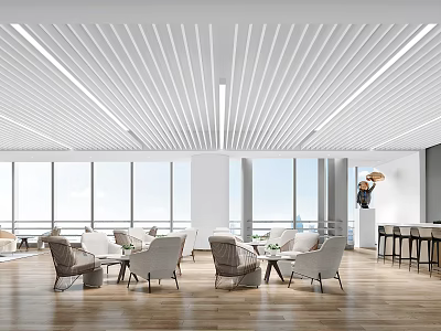 Modern Lounge Area Design with Slatted White Ceiling Large Windows Wooden Flooring and Lounge Tables 3d model