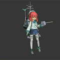 Anime Style Game Character With Red Hair In Sailor Uniform Holding Weapon And Warship Model