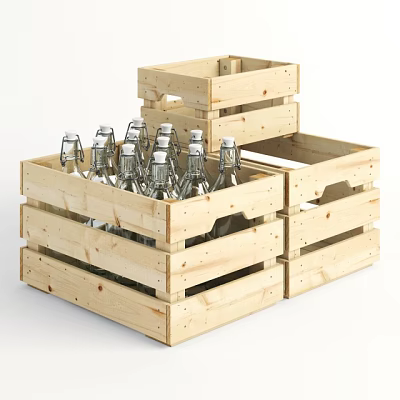 Glass Wine Bottles In Wooden Crates Stacked With Metal Caps On White Background 3d model