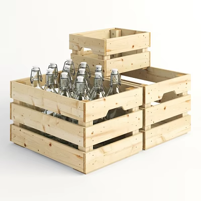 Glass Wine Bottles In Wooden Crates Stacked With Metal Caps On White Background 3d model Glass Wine Bottles In Wooden Crates Stacked With Metal Caps On White Background 3d model