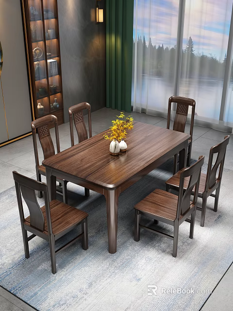 Solid Wood Dining Table Set With Six Chairs Yellow Flowers And Vases In Modern Room 3d model 