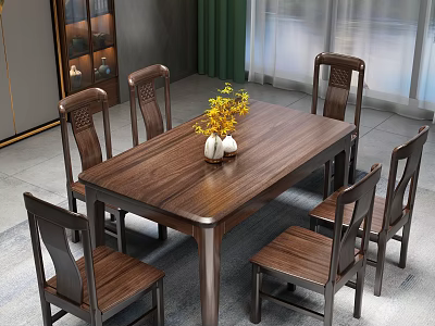 Solid Wood Dining Table Set With Six Chairs Yellow Flowers And Vases In Modern Room 3d model