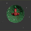 Red Cartoon Dinosaur Standing On Green Grass With Small Yellow Flowers And Falling Petals