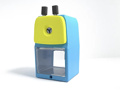 Blue And Yellow Pencil Sharpener With Black Knobs And Transparent Window 3d model