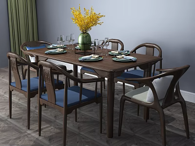 Elegant Wooden Dining Table Set With Blue Cushioned Chairs Green Vase And Yellow Flowers 3d model