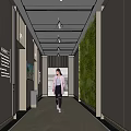 Modern Elevator Corridor With Green Wall Signage Ceiling Lighting And Polished Flooring 3d model