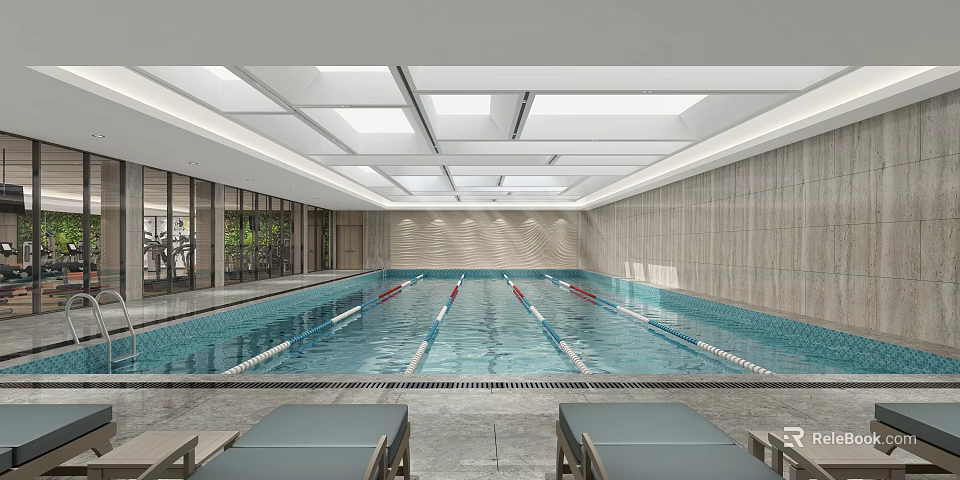 Modern Indoor Swimming Pool With Skylight Ceiling Marble Walls And Lounge Chairs 3d model 